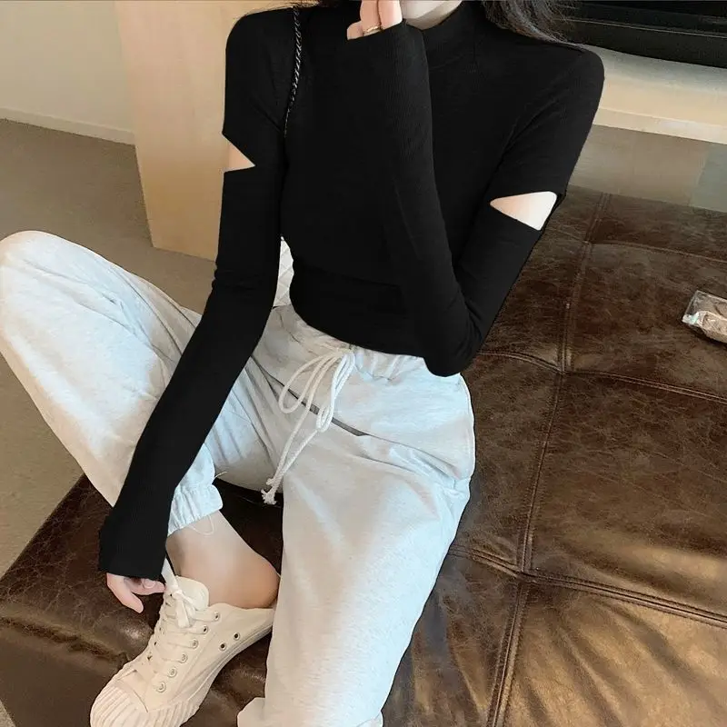 Top Female Turtleneck Cotton Spring Autumn Women\'s Long Sleeve T-shirt Plain Sexy Crop Clothing Korean Fashion Outfits One Size