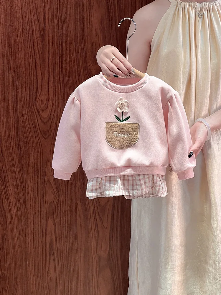 

Милый клетчатый свитшот с цветочным принтом для девочек, новый весенне-осенний топ для маленьких девочек, имитация двухслойного топа в корейском стиле