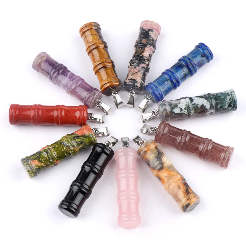 Colgante de Bambú con Piedra Semipreciosa de Cristal Natural, Amuleto de Ágata Vintage con Tubo de Bambú de la Suerte para Equilibrio de Chakras