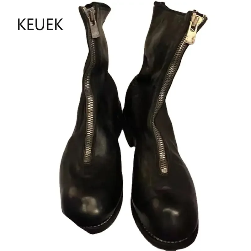 

New Luxury Men Chelsea Boots Genuine Leather Fashion Zipper Casual Work Outdoor Motorcycle Ankle Boots Male Shoes