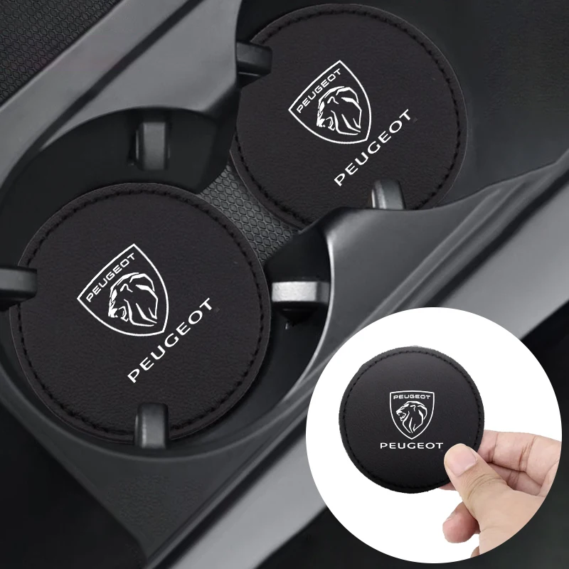 2Pcs Leather Car Coasters Water Cup Mat Drink Cup Holder Anti-slip Pad For Peugeot 206 307 308 3008 207 208 407 508 Accessories