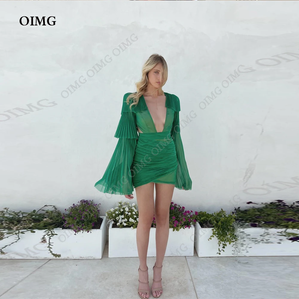 

OIMG Green Long Sleeve Pleat Evening Dress A Line Long Luxury 2023 Mini Elegant Chiffon Dubai Women Formal Party Evening Gown