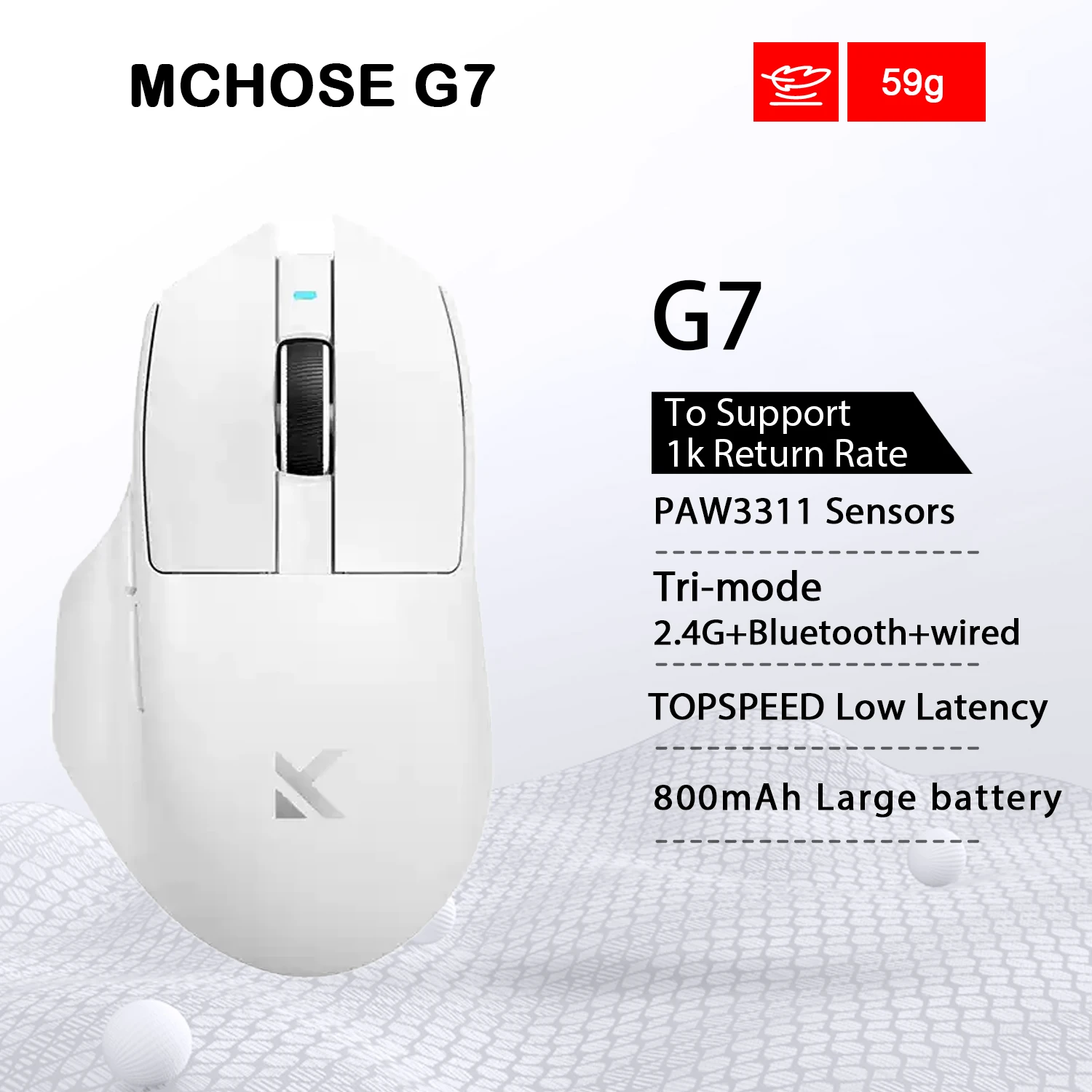 Original Mchose G7 Wireless Gaming Mouse Bluetooth Tri-Mode PAW3311 Lightweight Large Battery Ergonomic for PC Laptop FPS Office