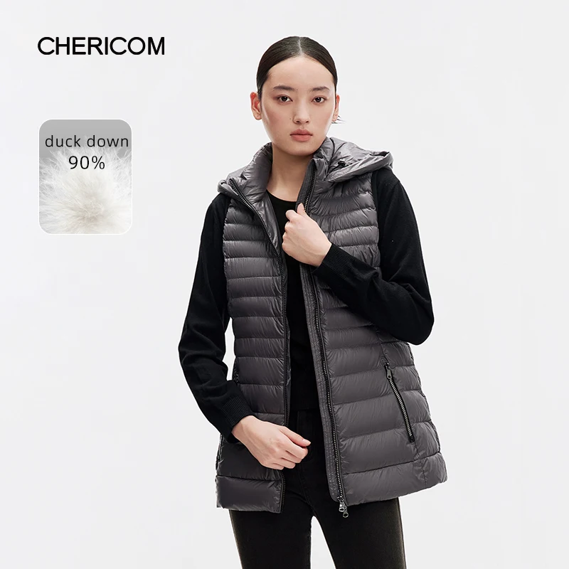 Chericom 2024 nieuwe dameskleding met capuchon, schouder, korte mouwloze donsjas, effen kleur, casual mode, mager vest 299906