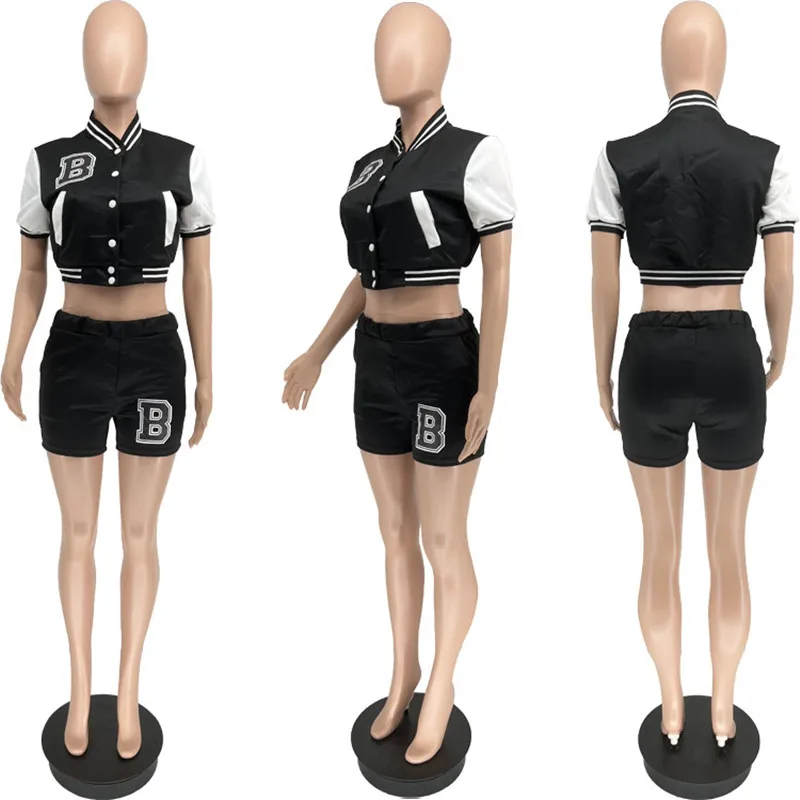 Trendy Ladies Tracksuit Short Sleeve Jacket Letter Print Patchwork Spring Womens Summer Sports Baseball Shorts Two Piece Set