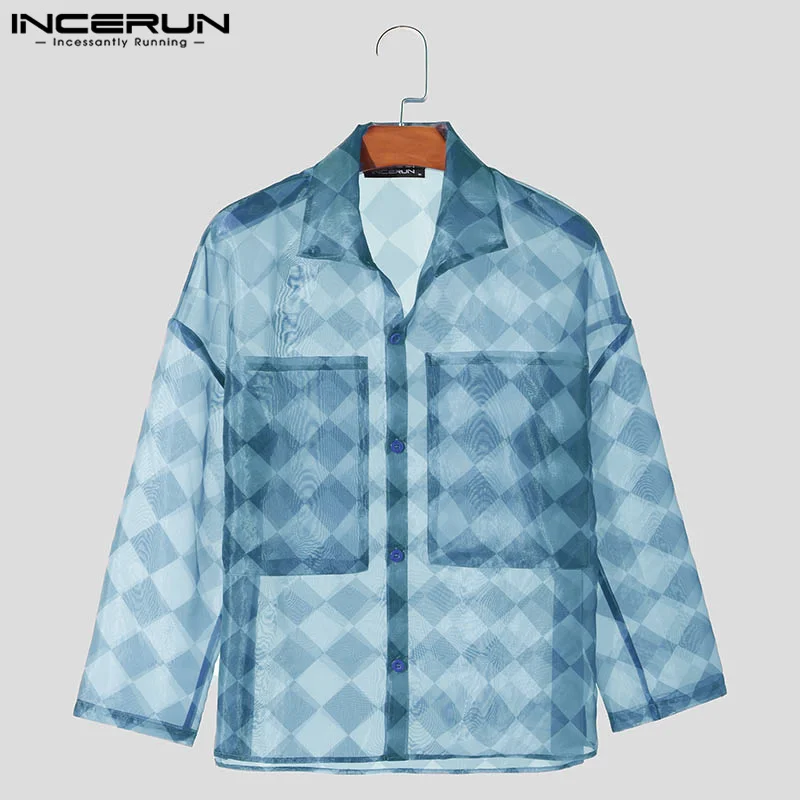 INCERUN Men Shirt Printing Mesh Transparent Lapel Long Sleeve Loose Men Clothing Streetwear 2024 Pockets Fashion Casual Shirts