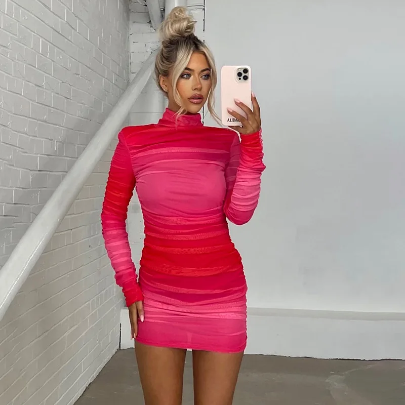 

BKLD Autumn New Party Dresses Sexy Y2k Clothes Women Ruched Mesh Patchwork Long Sleeve Tight Wrap Hip Dress Nightclub Outfits