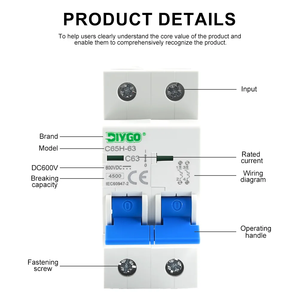 DIY GO 2P DC MCB 600V Solar-Mini-Leitungsschutzschalter 6A 10A 16A 20A 25A 32A 40A 50A 63A DC MCB für PV-Systeme – Detail 5