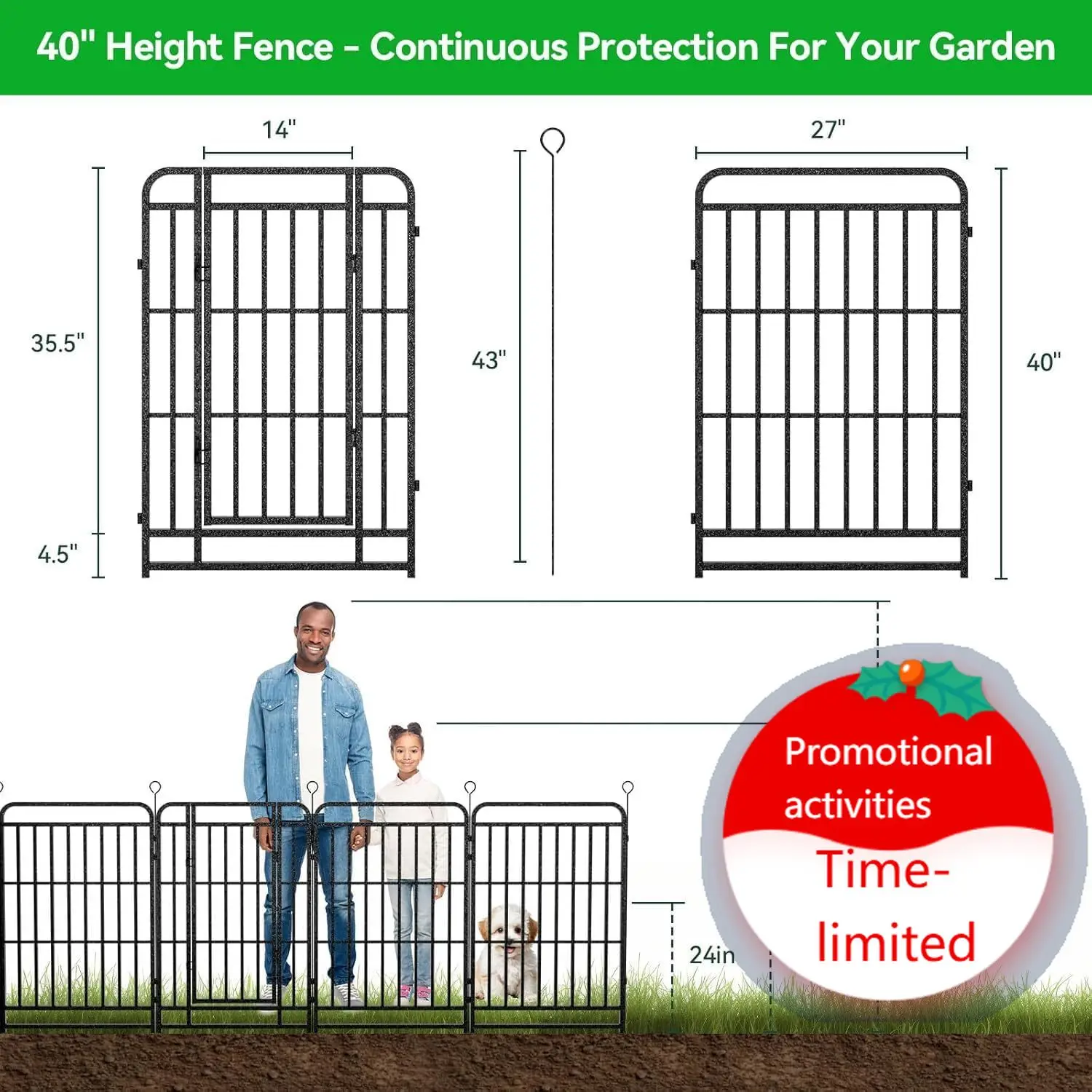 

12 Panels No Dig Garden Fence 27 ft(L) X 40 in(H) Animal Barrier Border for Dogs, Outdoor Decorative Pet Fencing with Thick Pipe