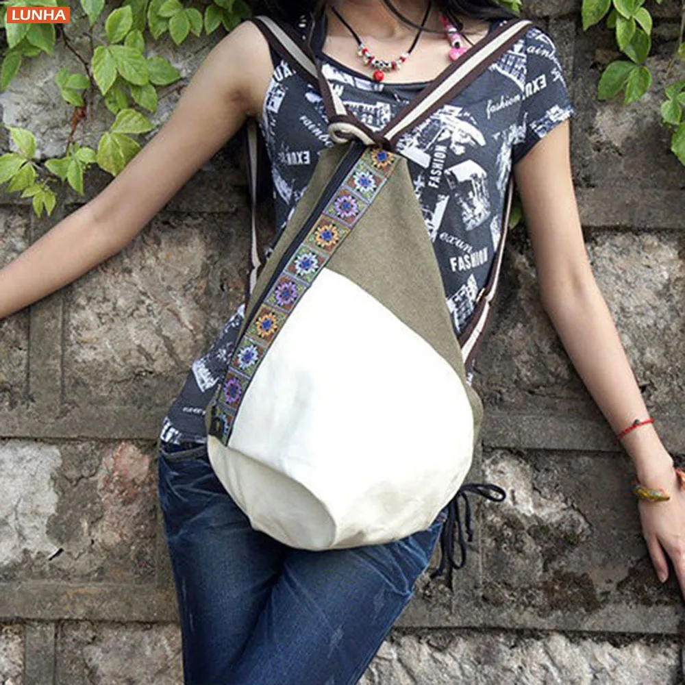 Women's Soft Canvas Backpack Casual Ethnic Embroidery Patchwork Knapsack Student Travel Leisure Lightweight Foldable Daypack