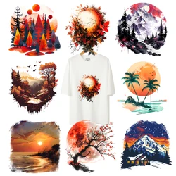 24cm Fashion Outdoor landscape heat transfer stickers beaches snow capped mountains and lakes DTF vinyl patch ironing on clothes