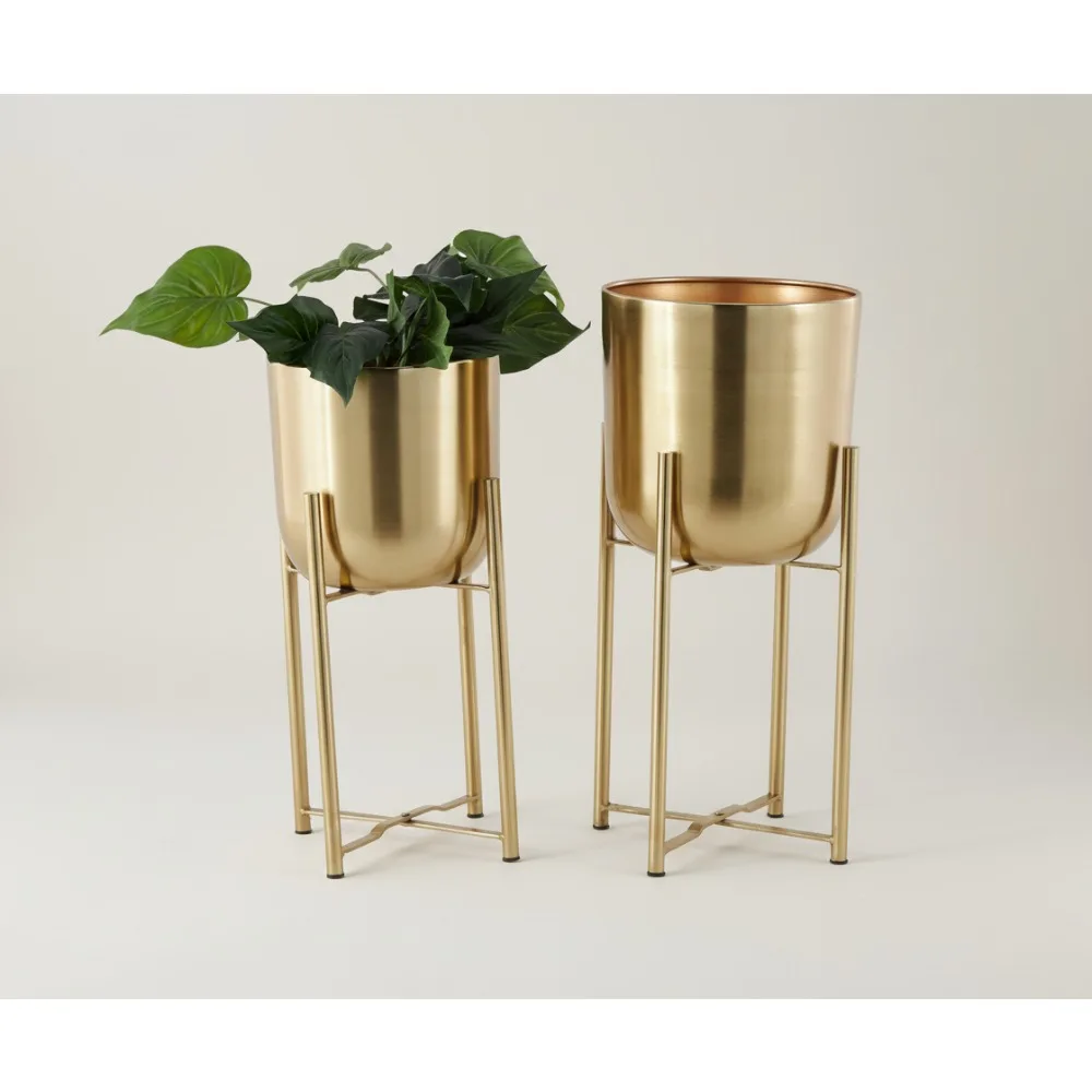 

Large Gold Metal Planter Set of 2 with Removable Stand - Indoor Outdoor Dome Plant Pots for Modern Home Decor