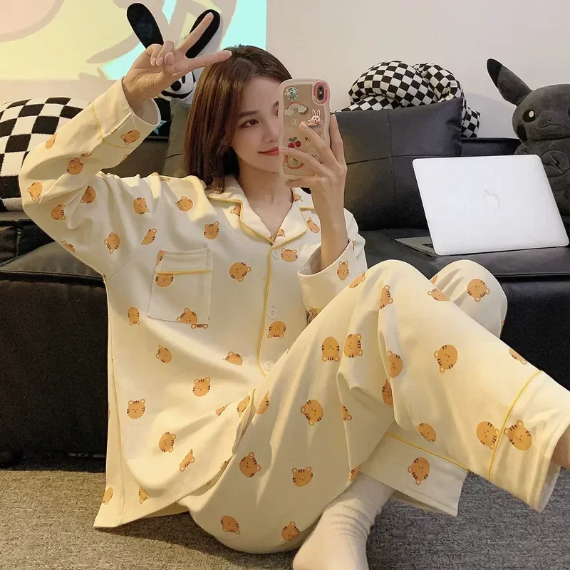 Female Cute Cartoon Soft Pyjamas Services Home Set Turn-down Long Pajamas Sleepwear Sleeves Suit Collar Womens Homewear