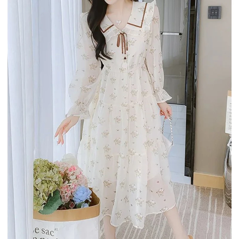 Women Ruffle Lace Up Floral Print Sweet Fairy Midi Dress Fashion Long Sleeve Slim Elegant Party Dresses Chic High Waist Vestidos