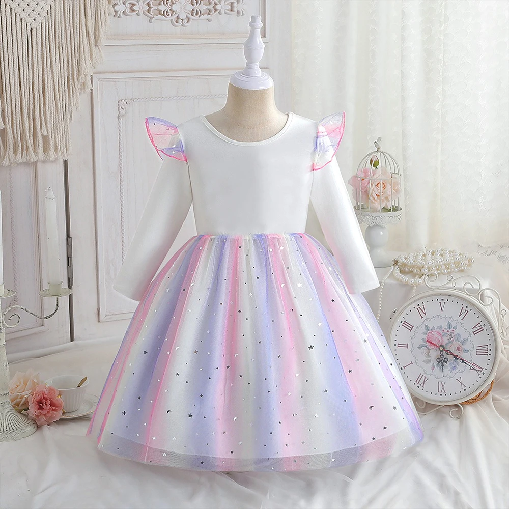 Kids Clothes Spring Autumn Long-sleeved Princess Dress Baby Girls Cute Dress for Children Birthday Party Dress Rainbow 2-8Y