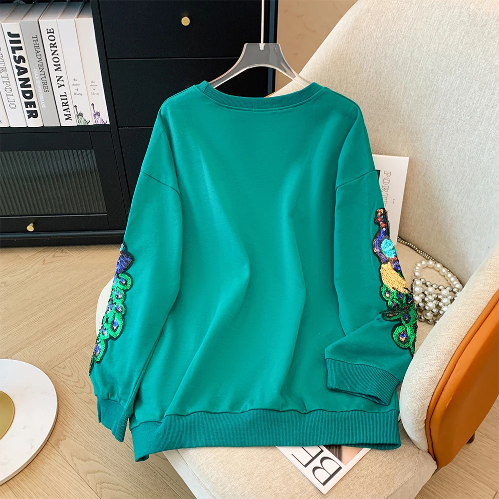 Sudadera de talla grande para mujer, informal, holgada, con cuello redondo, estampado de lentejuelas, top de manga larga, nuevo modelo 2024