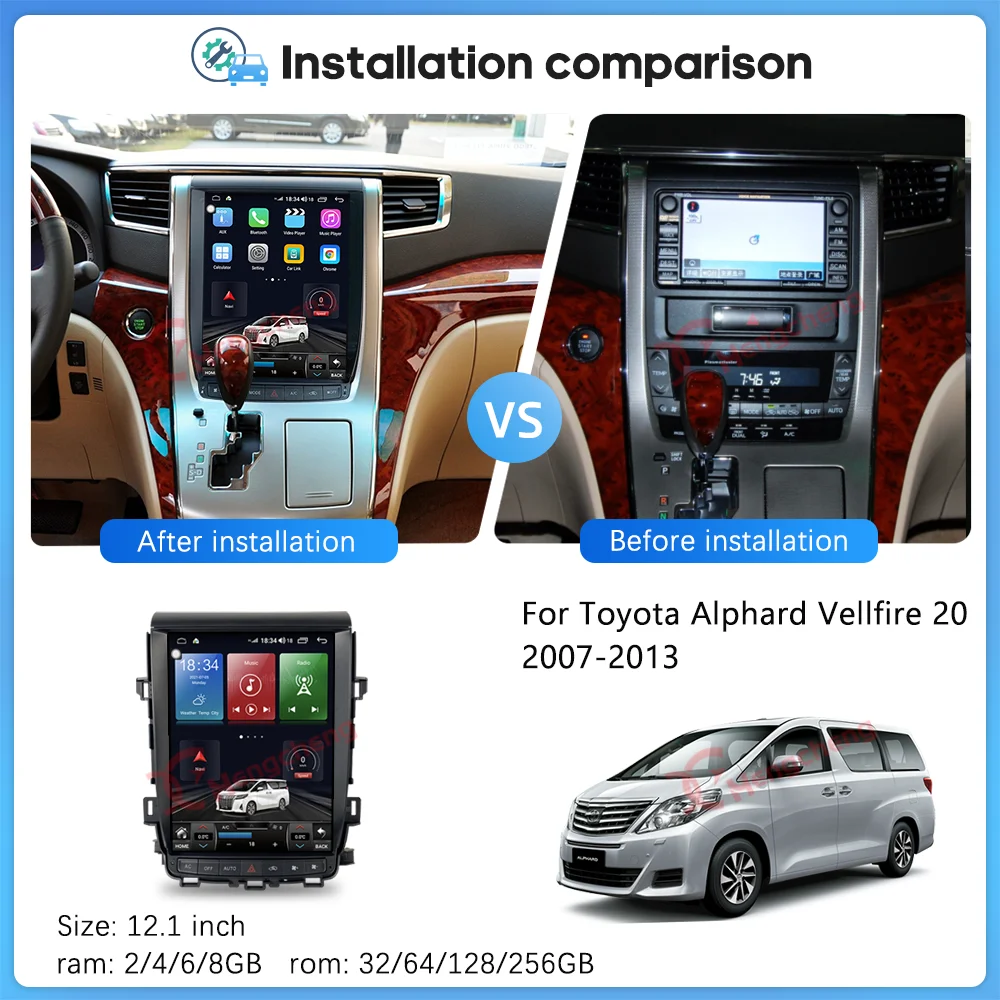 12.1inch For Toyota Alphard Vellfire  A20 2007-2013 Car Multimedia Player GPS Navigation stereo Radio Android13 Carplay 4G wifi