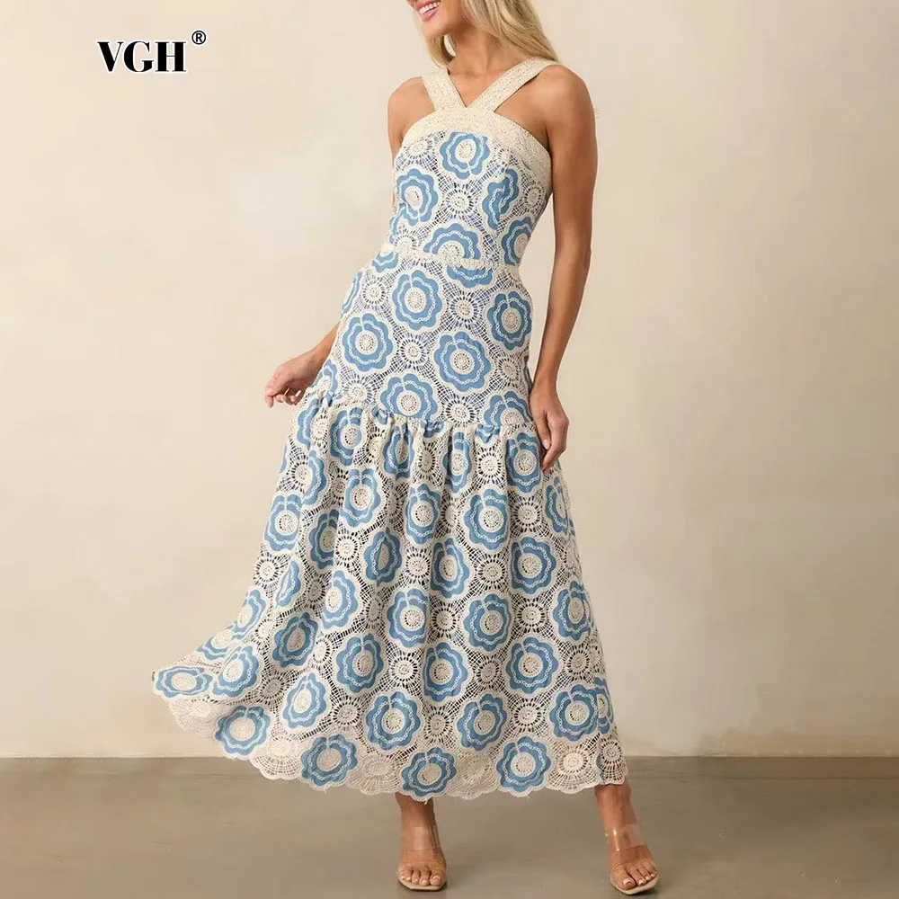 

VGH Hit Color Floral Embroidery Mid Dresses for Women Halter Sleeveless Patchwork Hollow Out Vacation Style Dress Female Summer