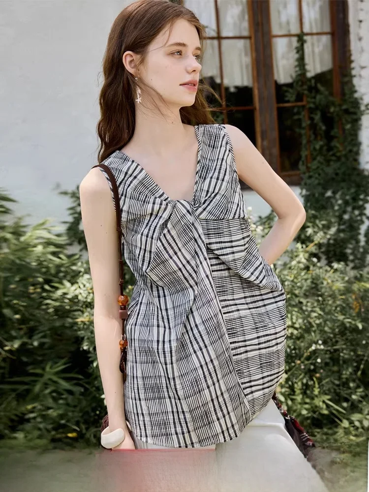 

Женская хлопковая блузка без рукавов с V-образным вырезом и узлом, весна-лето, приталенная, однотонная, в повседневном стиле, китайский бренд