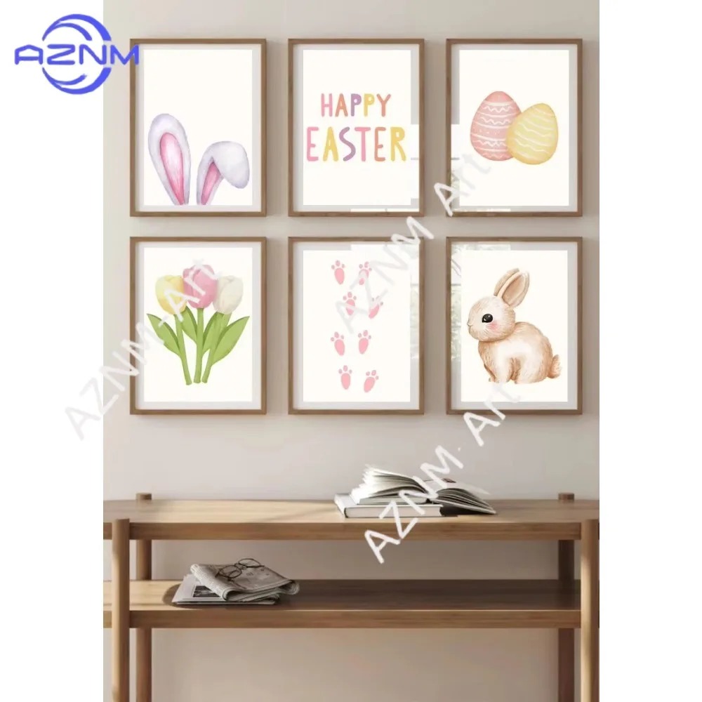 1PC ，Cute Bunny Happy Easter Quote Canvas Bunny Egg Ear Footprints Flower Plant Wall Art Poster for Modern Living Room Home
