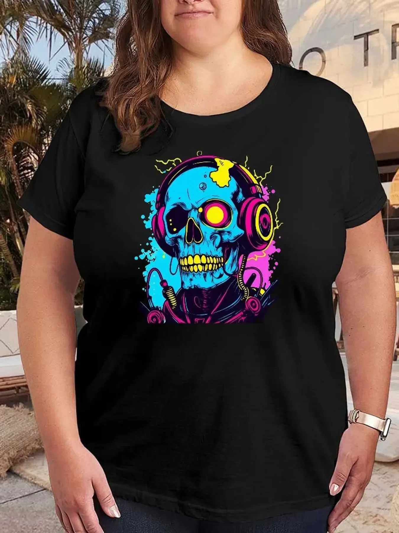 Neon Skull Headphones Graphic T Shirt Women Fashion Stretchy Oversized Tee Short Sleeve Casual Summer Plus Size Loose Soft Cotton Tops