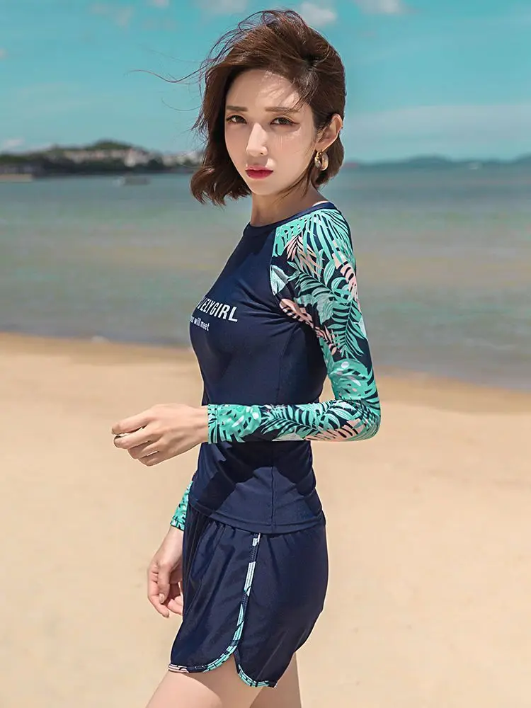 Fashion Women's Swimwear, Ladies Patchwork Long Sleeve Swimsuit, 2026 Sport Pool and Beachwear, Three-Piece Swimsuit with Shorts