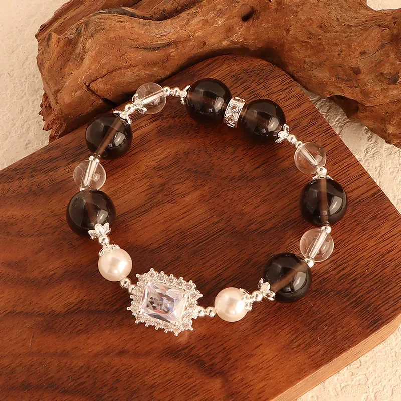 مينار خمر أسود شفاف سبج كريستال الحجر الطبيعي اللؤلؤ Bowknot ستار مطرز مطاطا ستراند أساور للنساء هدية