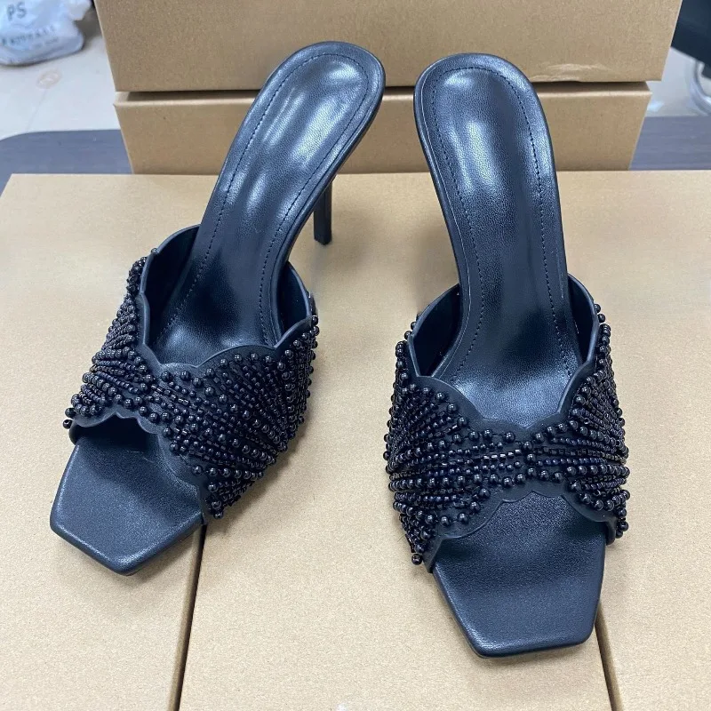 Elegant Summer High Heels Women Mules Sandals Open Toe Pearl Beaded Female Stilettos Slip on Evening Party Wedding Dress Shoes image 3