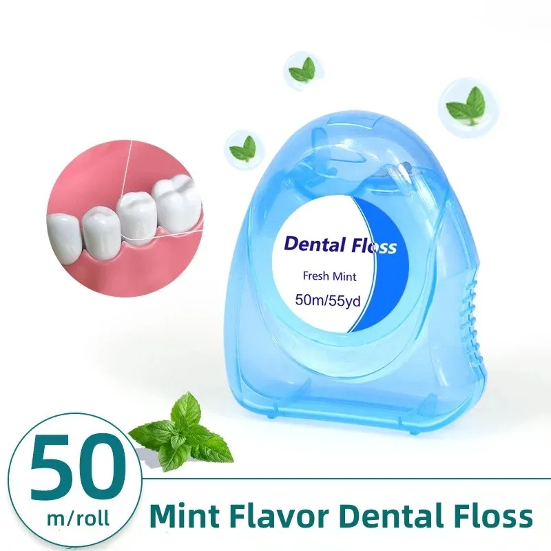 5pcs Dental Flosser Oral Hygiene Teeth Cleaning Wax Mint Flavored Dental Floss Spool Toothpick Teeth Flosser Tool 1 Roll 50M