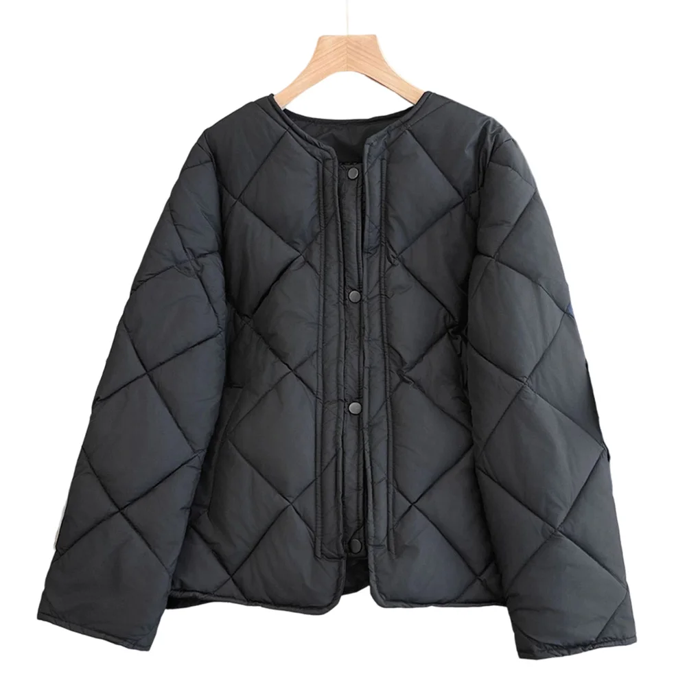 Winter Lightweight Cotton Padded Parkas Cardigan for Women Featuring Collarless Neckline and Placket Front Closure Casual Jacket