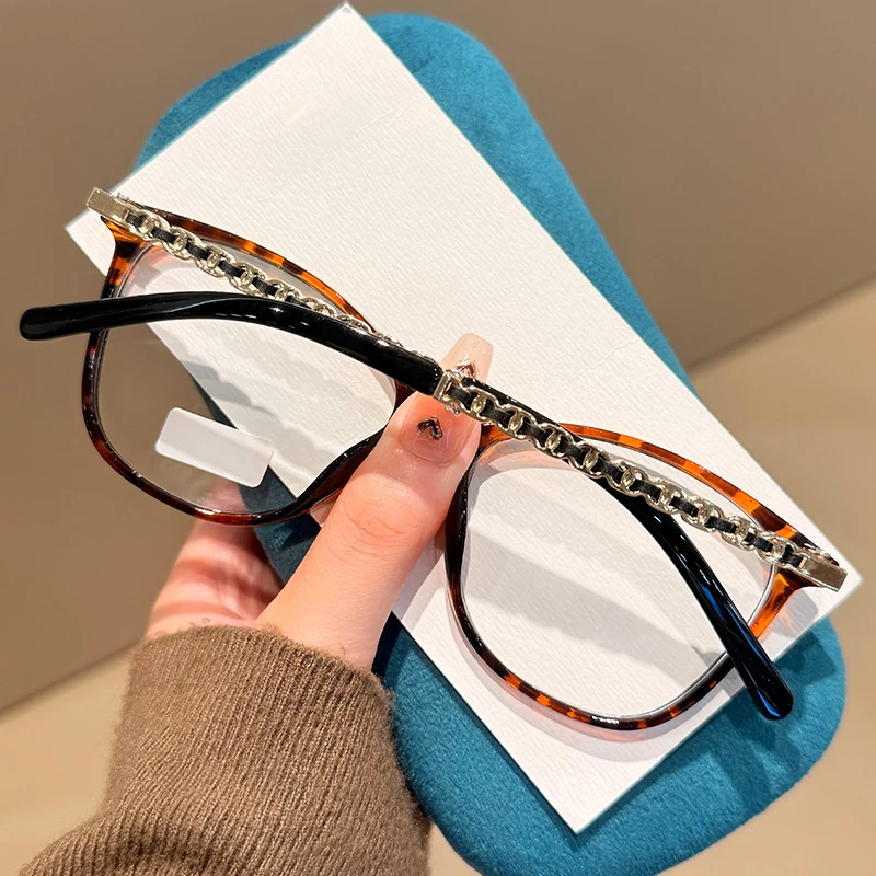 New Retro Cat-Eye Presbyopia Glasses Women's Brand Design Chanel-Style Chain-Woven Anti-Blue Light Reading Glasses 0 To +4.0