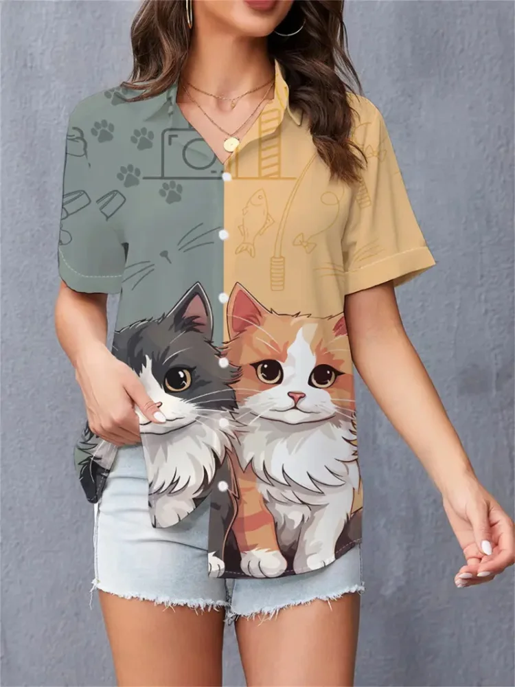 

Summer 2025 Women's Short-sleeved Shirts With Cartoon And Cute Cat Prints For A Fashionable And Casual Summer Vacation
