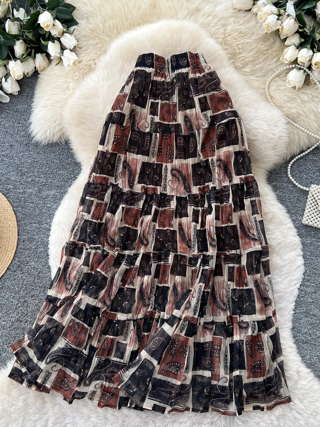 High Waist A-Line Midi Skirt Women's Floral Print Pleated Commute Design Polyester Fiber No Stretch City Commute Standard Fit