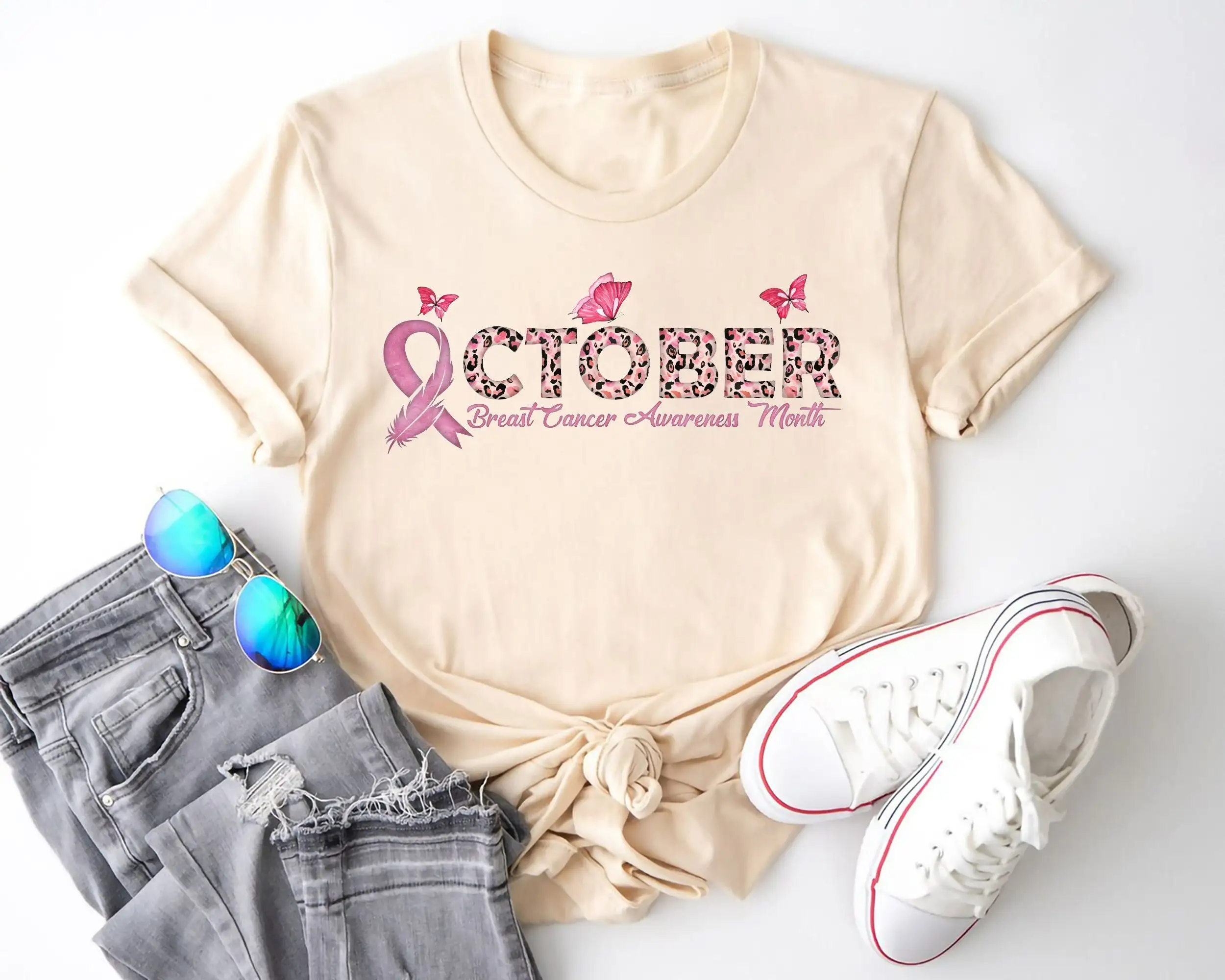 In October We Wear Pink T Shirt Cancer Awareness Survivor Fighter Breast