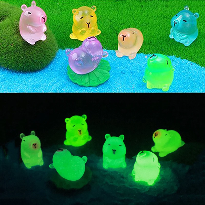 2Pcs Simulated Capibala Mini Glow Resin 3D Capybara Ornament Landscape Dollhouse Home Decor DIY Creative Keychain Accessories