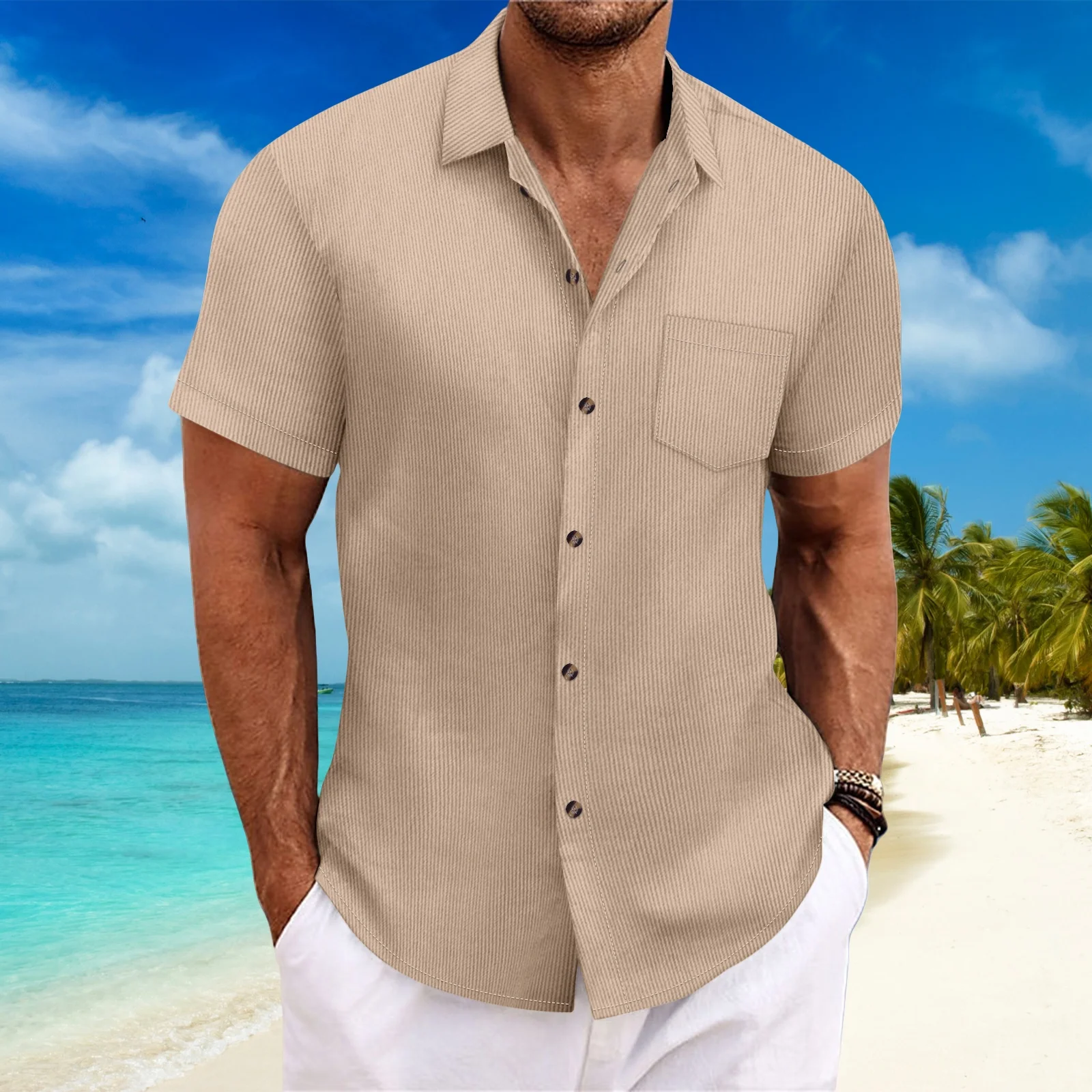 

Ameikeji British style Men's Short sleeve Classic vintage striped shirt Corduroy solid color button-down work shirt chest pocket