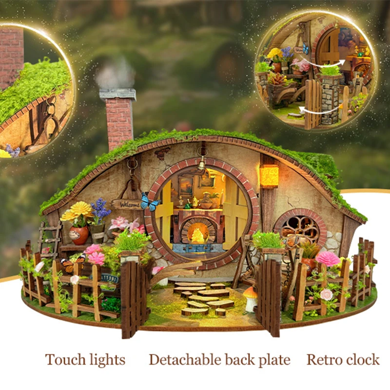 NUOVO anello magico in legno fai-da-te Casa Case delle bambole Kit modello in miniatura Casa delle bambole fatta a mano con mobili per amici Regali di compleanno