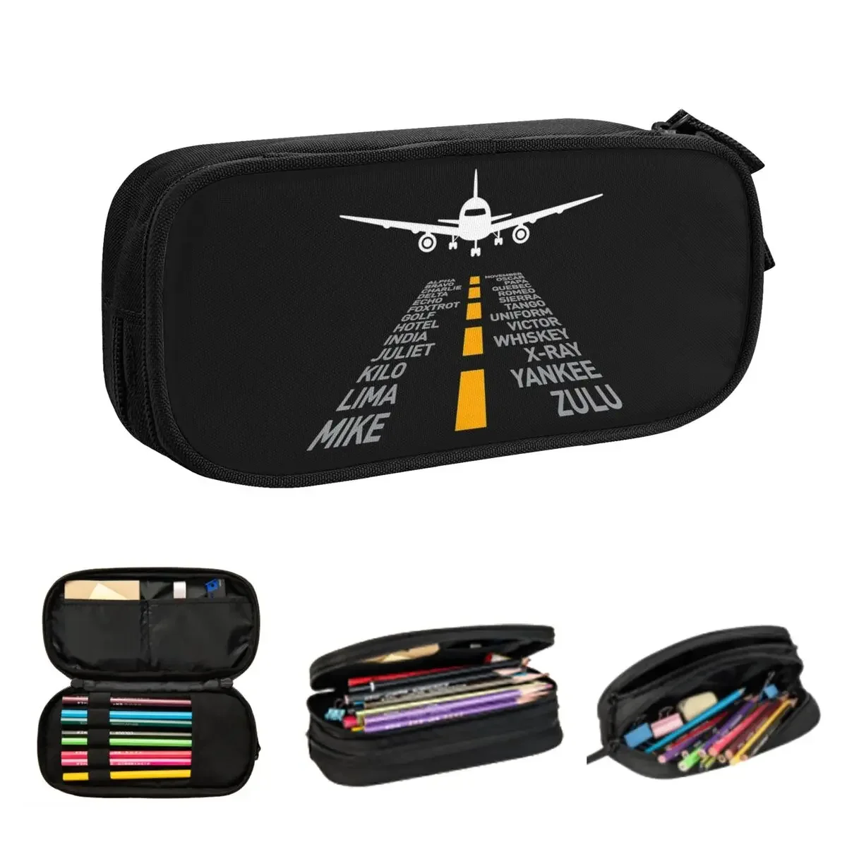 Airplane Pilot Gifts Airport Runway Phonetic Alphabet Plane Pencil Cases Big Capacity Pen Bags Pen Box Pencil Pouch For Boy Girl