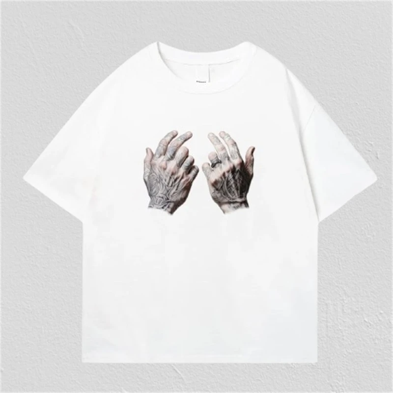 2024 Summer Men Trendy Tattood Hands Print Tees Harajuku Gothic Short Sleeve Loose T-shirt Y2K Man Casual Streetwear Cotton Tops