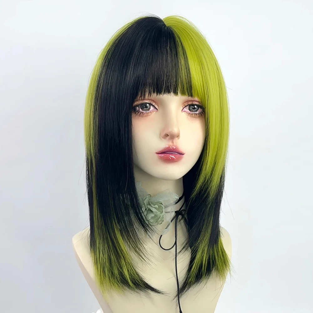 VICWIG Synthetic Short Black Green Mix Women Straight Wigs with Bangs Lolita Cosplay Natural Hair Wig for Daily Party