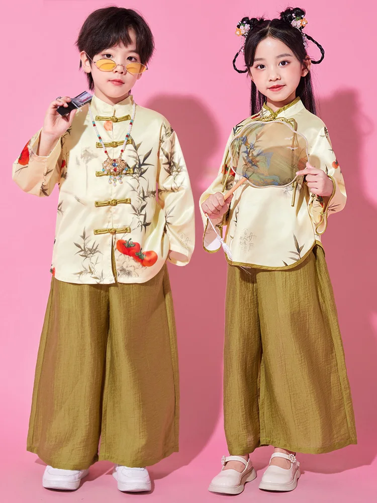 Boys Chinese Tang Suit Kids Hip Hop Clothing Bamboo Print Gold Top Wide Pants for Girls Dance Costume Clothes