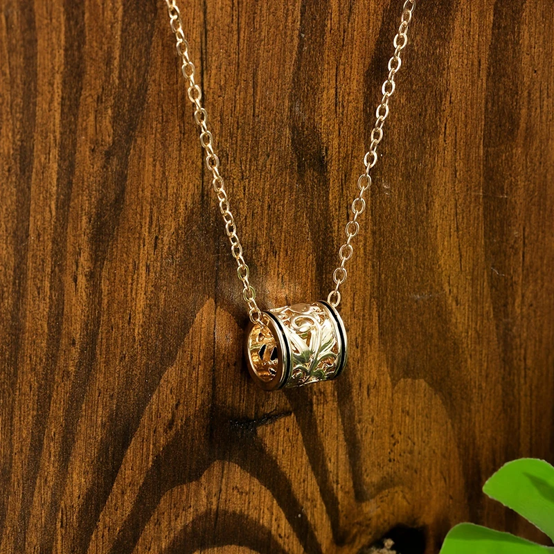 Huitan Hollow Carved Flower Barrel Pendant Necklace for Women Black Enamel Edge Cylinder Bead Vintage Floral Female Jewelry Gift