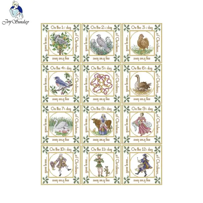 Joy Sunday The Twelve Days of Christmas Printed Cross Stitch Kits Aida Cloth 16CT 14CT Fabric Canvas Craft Hand Embroidery Sets