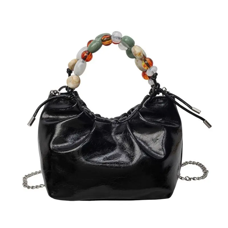 Silver Black Metallic Drawstring Bucket Bag Shiny PU Leather Chain Shoulder Crossbody Bag Soft Tote Handbag Phone Purse Women