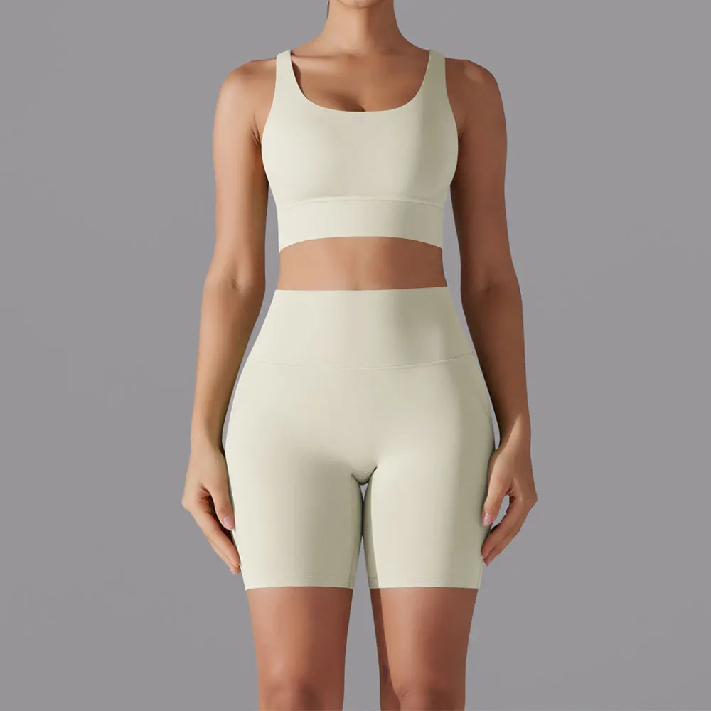 Ensemble de vêtements de yoga 2 pièces pour femmes, survêtement d'entraînement, course à pied, vêtements de sport, short taille haute, soutien-gorge de fitness, combinaisons de sport