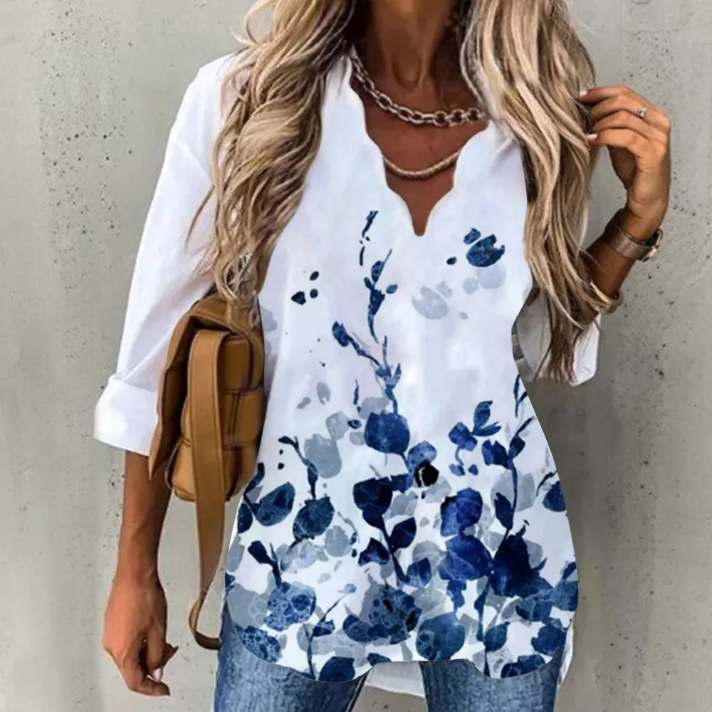 

Summer Women's Tops Fashion New Casual Shirt Long-sleeved Printed Wave Collar T-shirt Female