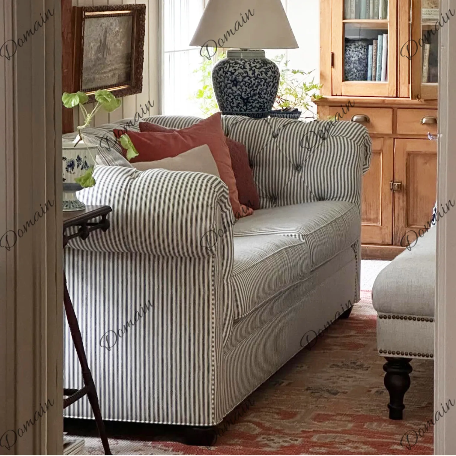 American retro fabric sofa living room small apartment leisure striped sofa French country home three people straight row
