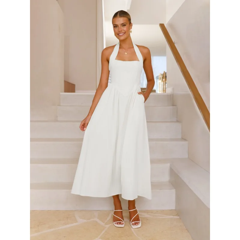 European and American Women's Clothing 2025 New Temperament Solid Color Square Collar Waist Halter Neck Backless Dress