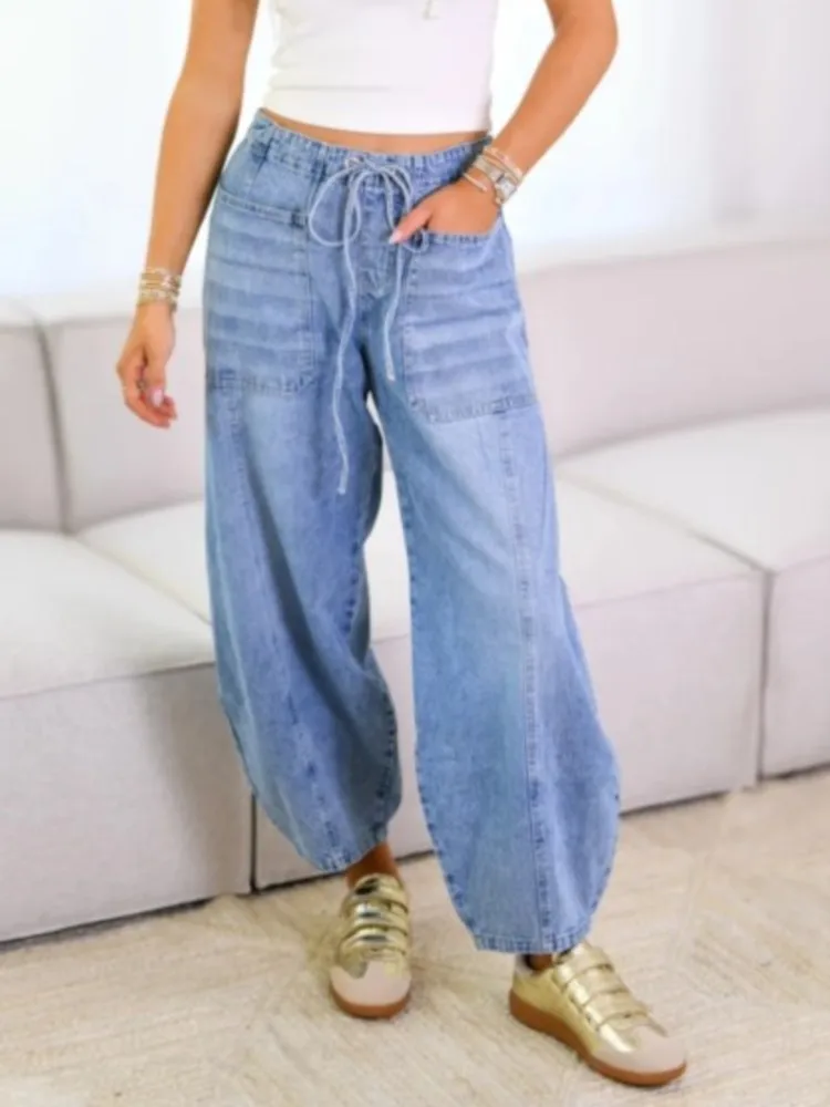Trendy Casual Jeans Spring Summer Women's Clothing Street Commuting Multiple Pockets Waist Elastic Drawstring Loose Female Pants