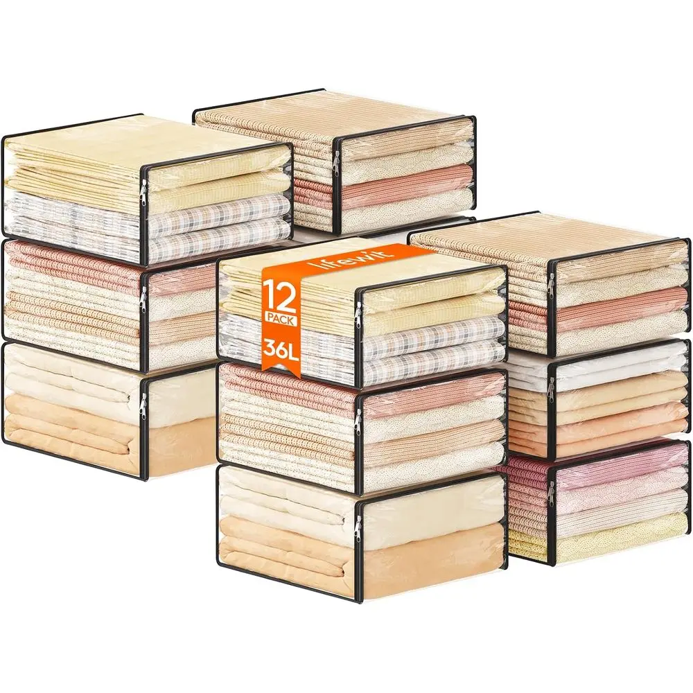 36L Clear Sheet Storage Bags with Zipper 12 Pack, Plastic Sweater Storage Bins or Clothing, Vinyl oldable Clothes Containers Org